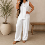 Conjunto Lucienne™ Blusa com Decote de Abertura Frontal e Calça Pantalona