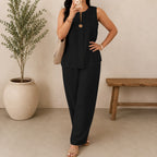 Conjunto Lucienne™ Blusa com Decote de Abertura Frontal e Calça Pantalona