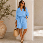 Conjunto Nolenne™ em Linho de Algodão com Camisa Ampla e Bermuda de Cós Ajustável